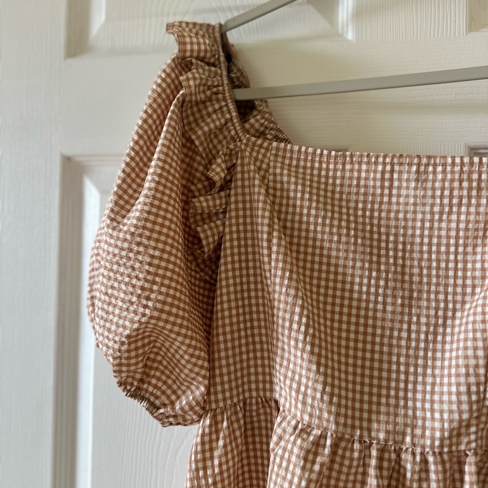 Forever 21 Gingham Puff-Sleeve Tiered Mini Dress - Beige & White - Picture 4 of 7